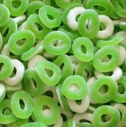 Anneaux sucrés goût POMME FRAISE FRAMBOISE COLA  100 Gr