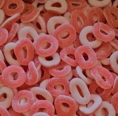 Anneaux sucrés goût POMME FRAISE FRAMBOISE COLA  100 Gr